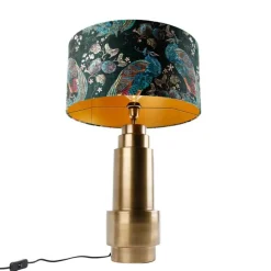 Tischleuchte Bronze Samtlampenschirm Pfauen grün mit Gold 50 cm - Bruut