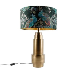Tischleuchte Bronze Samtlampenschirm Pfauen grün mit Gold 50 cm - Bruut
