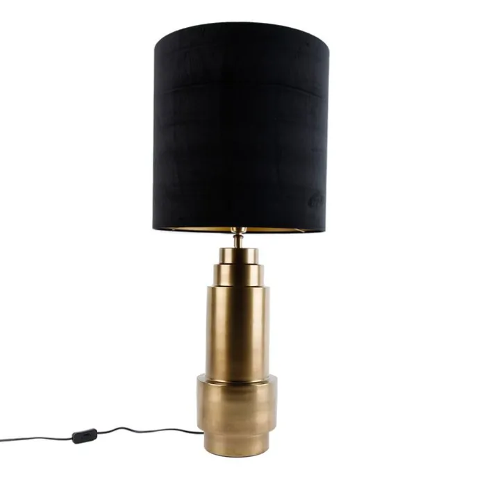 Tischleuchte Bronze Samtlampenschirm Schwarz mit Gold 40 cm - Bruut