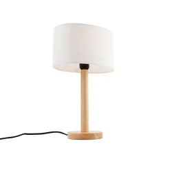Tischleuchte Holz mit ovalem Leinenschirm weiß 25cm - Mels