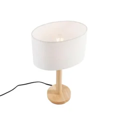 Tischleuchte Holz mit ovalem Leinenschirm weiß 25cm - Mels