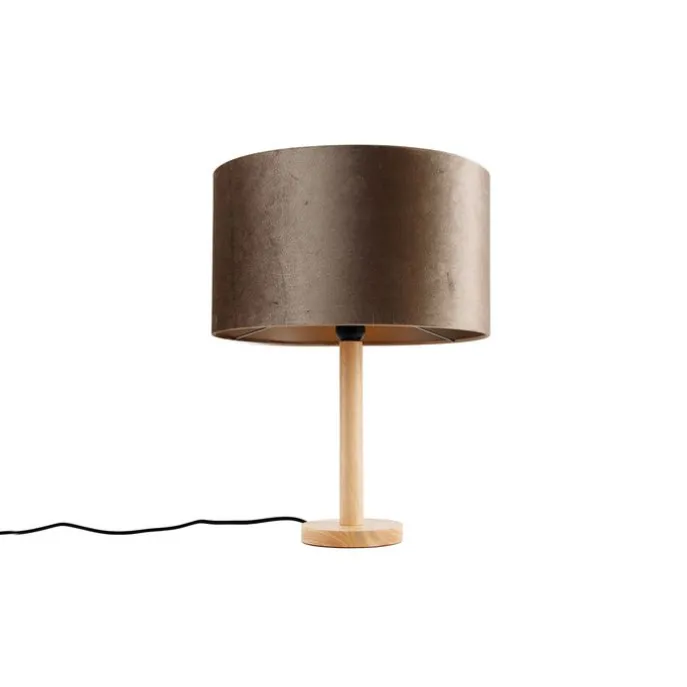 Tischleuchte Holz mit Samtschirm Taupe 35cm - Mels