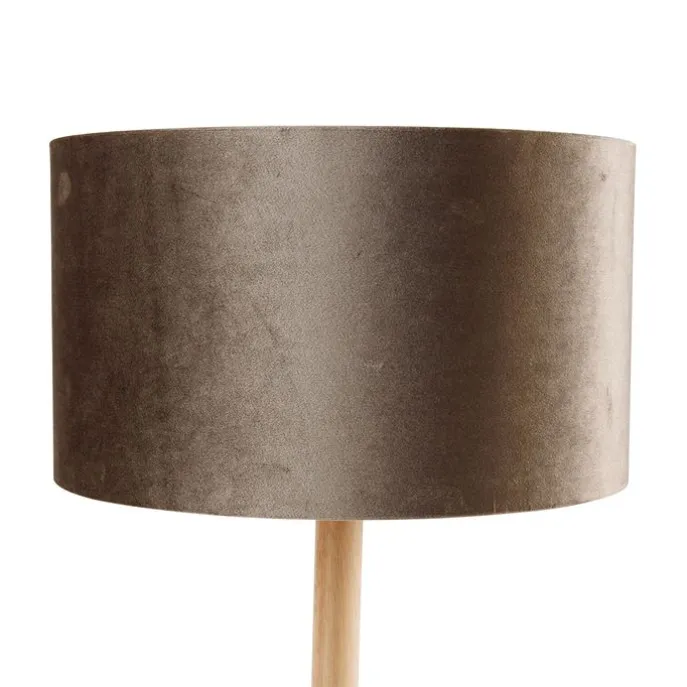 Tischleuchte Holz mit Samtschirm Taupe 35cm - Mels