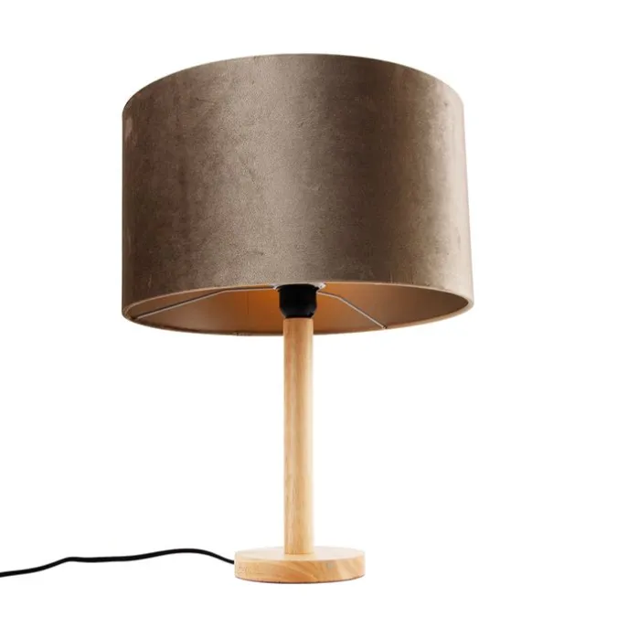 Tischleuchte Holz mit Samtschirm Taupe 35cm - Mels