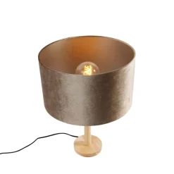 Tischleuchte Holz mit Samtschirm Taupe 35cm - Mels