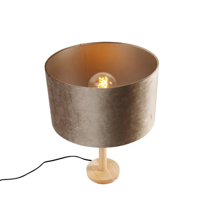 Tischleuchte Holz mit Samtschirm Taupe 35cm - Mels