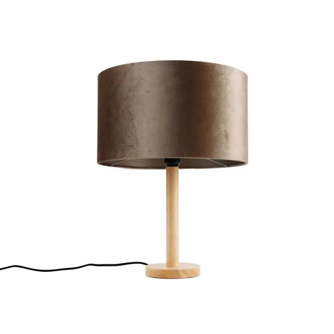 Tischleuchte Holz mit Samtschirm Taupe 35cm - Mels