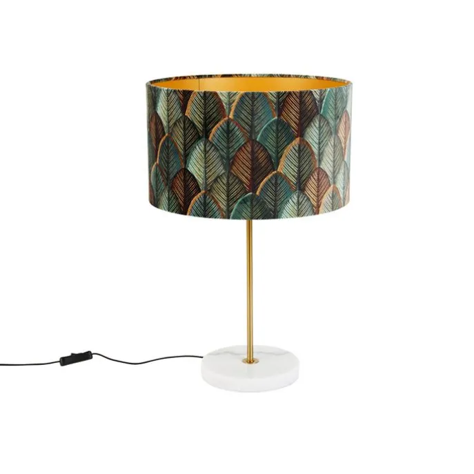 Tischleuchte Messing mit Samtlampenschirm Blattdesign und goldener Innenseite - Kaso