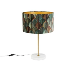 Tischleuchte Messing mit Samtlampenschirm Blattdesign und goldener Innenseite - Kaso