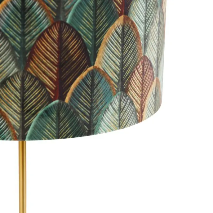 Tischleuchte Messing mit Samtlampenschirm Blattdesign und goldener Innenseite - Kaso