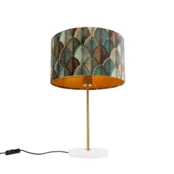 Tischleuchte Messing mit Samtlampenschirm Blattdesign und goldener Innenseite - Kaso