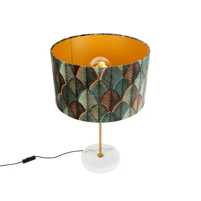 Tischleuchte Messing mit Samtlampenschirm Blattdesign und goldener Innenseite - Kaso