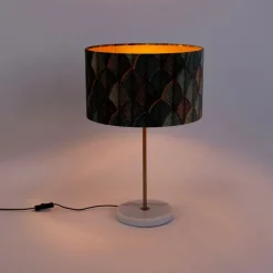 Tischleuchte Messing mit Samtlampenschirm Blattdesign und goldener Innenseite - Kaso