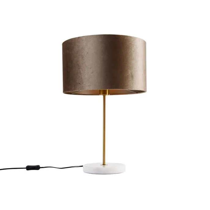 Tischleuchte Messing mit Samtschirm Taupe 35cm - Kaso