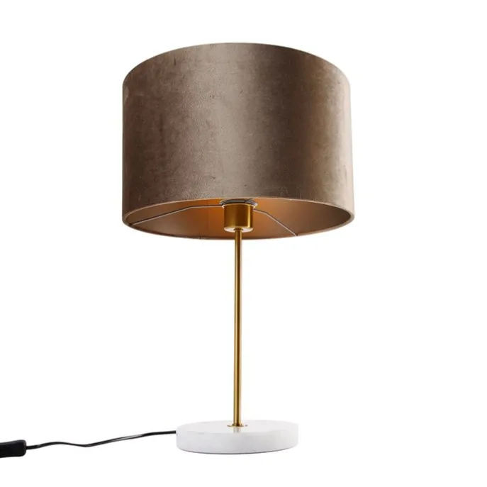 Tischleuchte Messing mit Samtschirm Taupe 35cm - Kaso