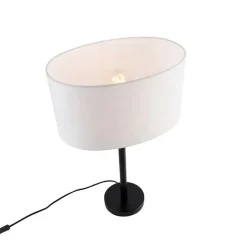 Tischleuchte Schwarz mit ovalem Leinenschirm Weiß 35cm - Simplo