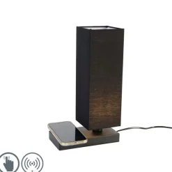 Tischleuchte schwarz mit schwarzem Schirm, Touchsensor und Wireless Charger - Romina