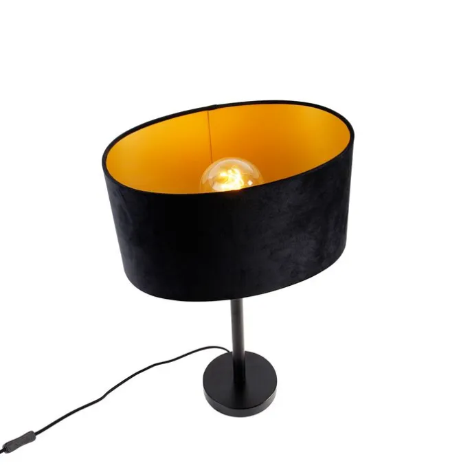 Tischleuchte Schwarz mit ovalem Samt-Schirm Schwarz 35cm - Simplo