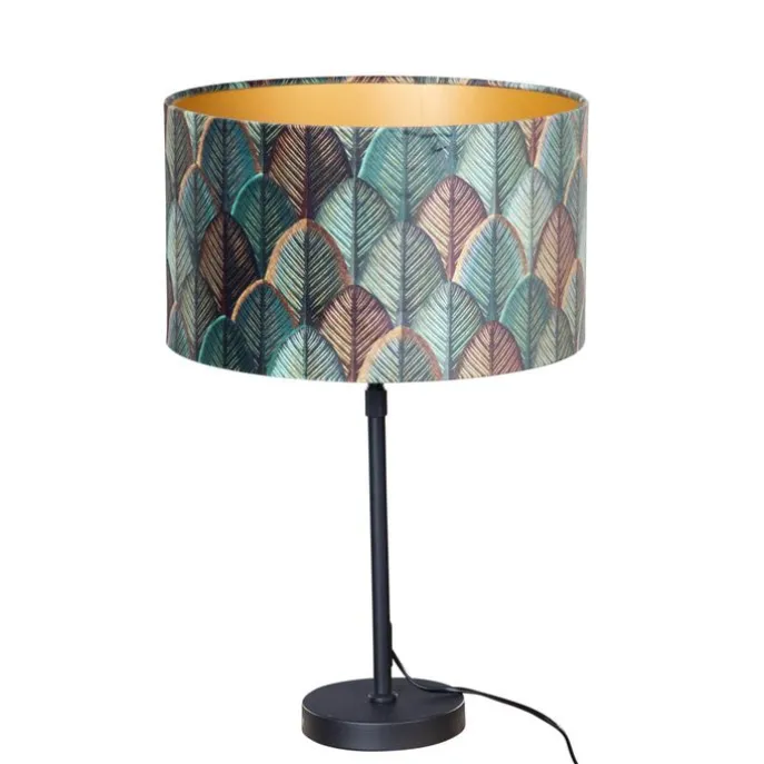 Tischleuchte Schwarz mit Samtlampenschirm Blattdesign und goldener Innenseite - Parte