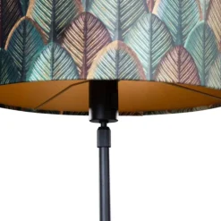 Tischleuchte Schwarz mit Samtlampenschirm Blattdesign und goldener Innenseite - Parte