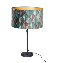 Tischleuchte Schwarz mit Samtlampenschirm Blattdesign und goldener Innenseite - Parte