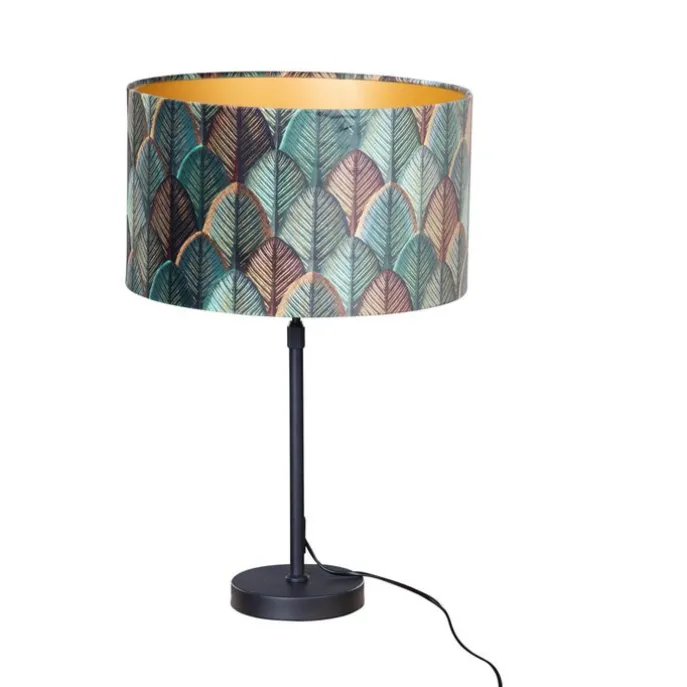 Tischleuchte Schwarz mit Samtlampenschirm Blattdesign und goldener Innenseite - Parte
