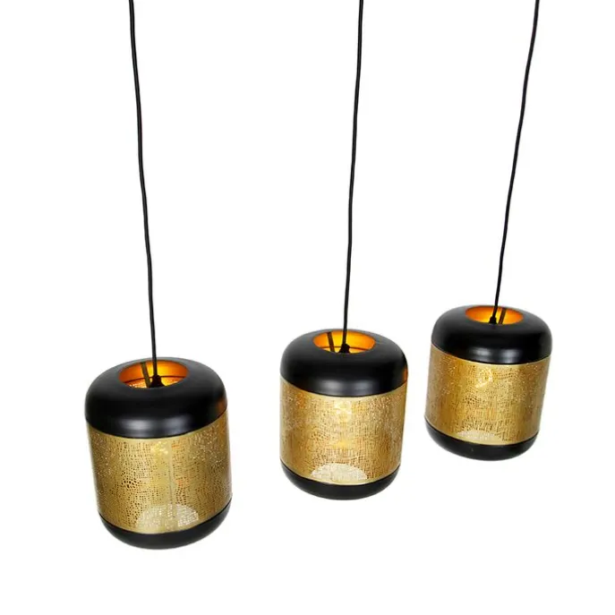 Vintage Hängelampe schwarz mit Messing länglich 3-flammig - Kayleigh