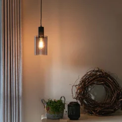 Vintage Hängelampe schwarz mit Rauchglas - Vidra