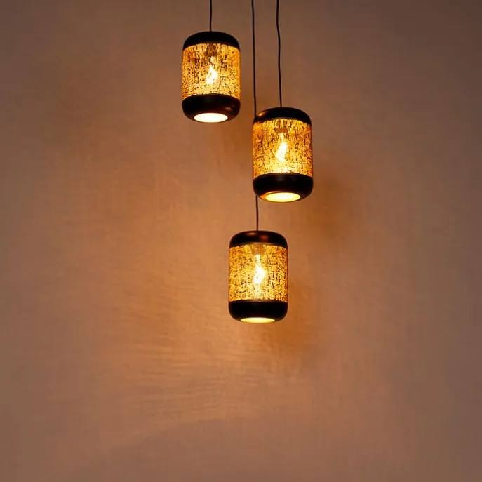 Vintage Hängelampe schwarz mit Messing rund 3-flammig - Kayleigh