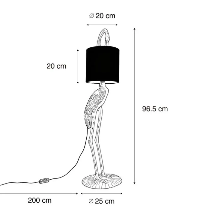 Vintage Stehlampe Messing Stoffschirm schwarz - Kranichvogel