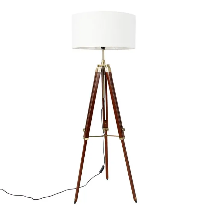 Vintage Stehlampe Messing mit Schirm weiß 50 cm Dreibein - Cortin