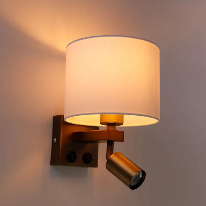 Wandleuchte Bronze mit Leselampe und Schirm 18 cm weiß - Brescia