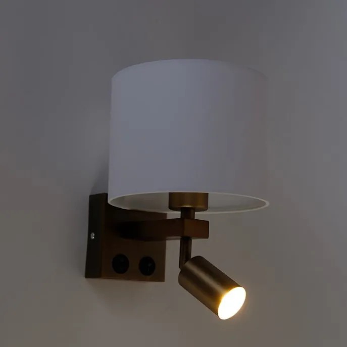 Wandleuchte Bronze mit Leselampe und Schirm 18 cm weiß - Brescia