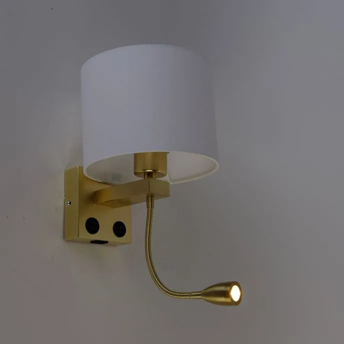 Wandleuchte gold mit USB und Schirm weiß 18 cm - Brescia Combi