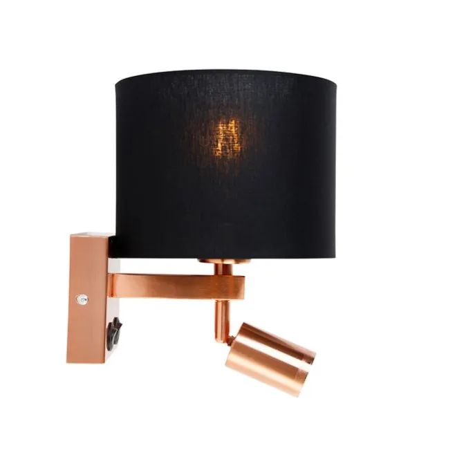 Wandleuchte Kupfer mit Leselampe und Schirm 18 cm schwarz - Brescia