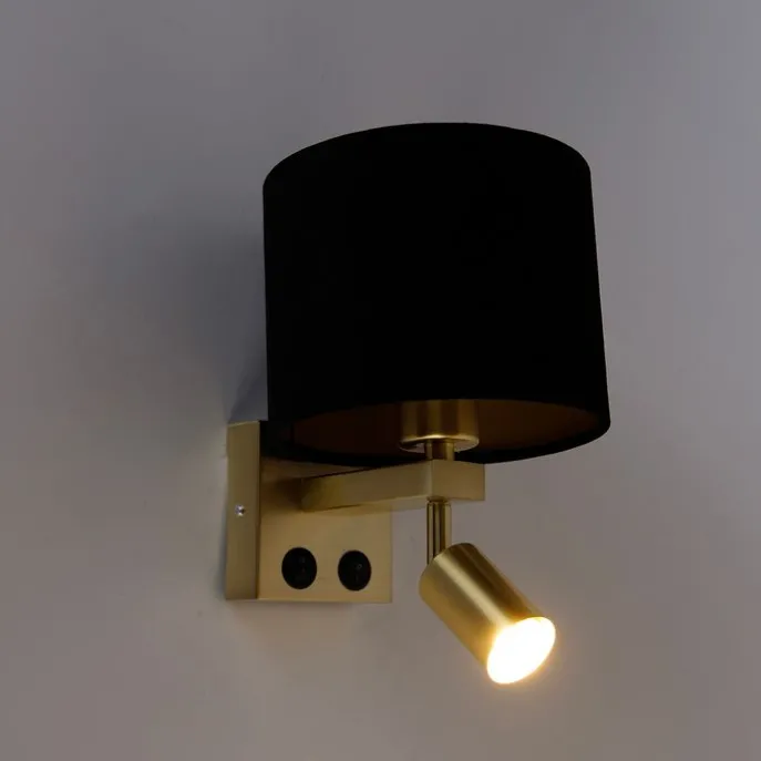 Wandleuchte Messing mit Leseleuchte und Schirm 18 cm schwarz - Brescia