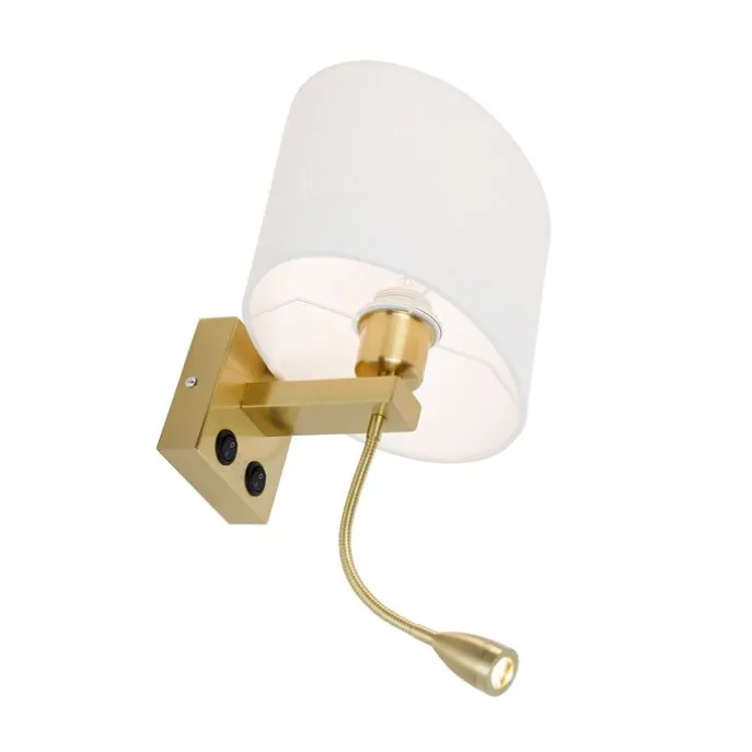 Wandleuchte Messing mit ovalem Leinen-Schirm weiß 25cm - Brescia Combi