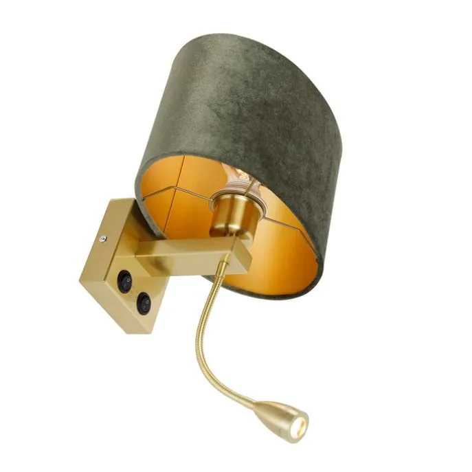 Wandleuchte Messing mit ovalem Samt-Schirm Grün 25cm - Brescia Combi