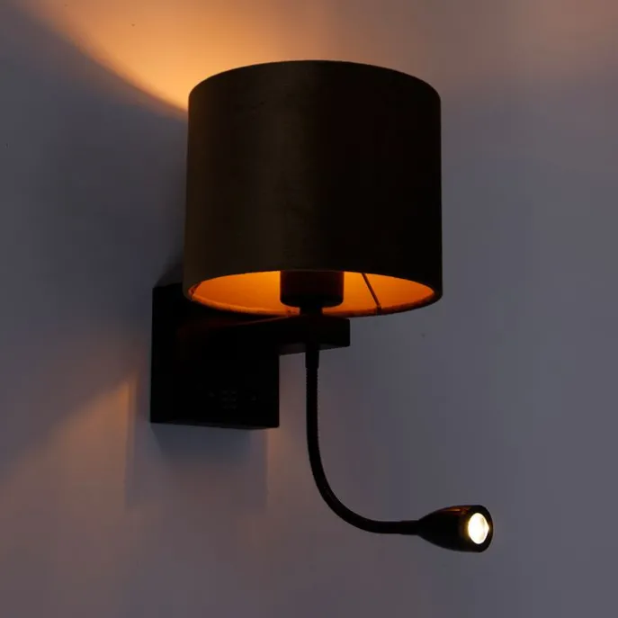 Wandleuchte Schwarz mit Bronze-Samt-Schirm 18cm - Brescia