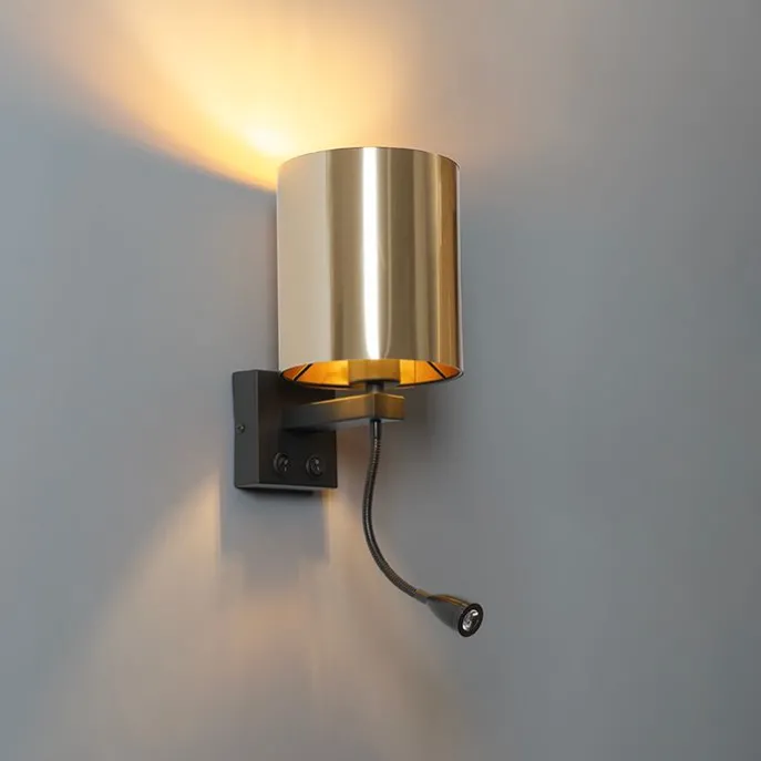 Wandleuchte schwarz mit Flexarm und Schirm gold 15 cm - Brescia