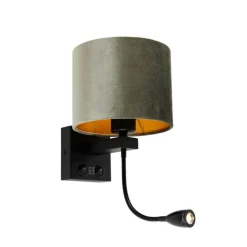 Wandleuchte Schwarz mit grünem Samt-Schirm 18cm - Brescia