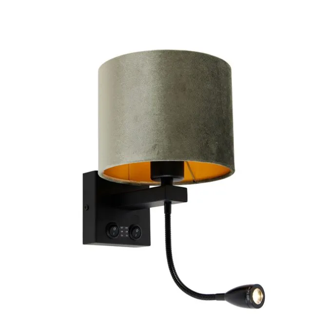 Wandleuchte Schwarz mit grünem Samt-Schirm 18cm - Brescia
