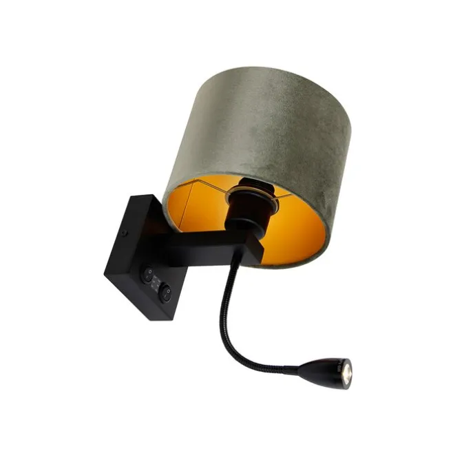 Wandleuchte Schwarz mit grünem Samt-Schirm 18cm - Brescia