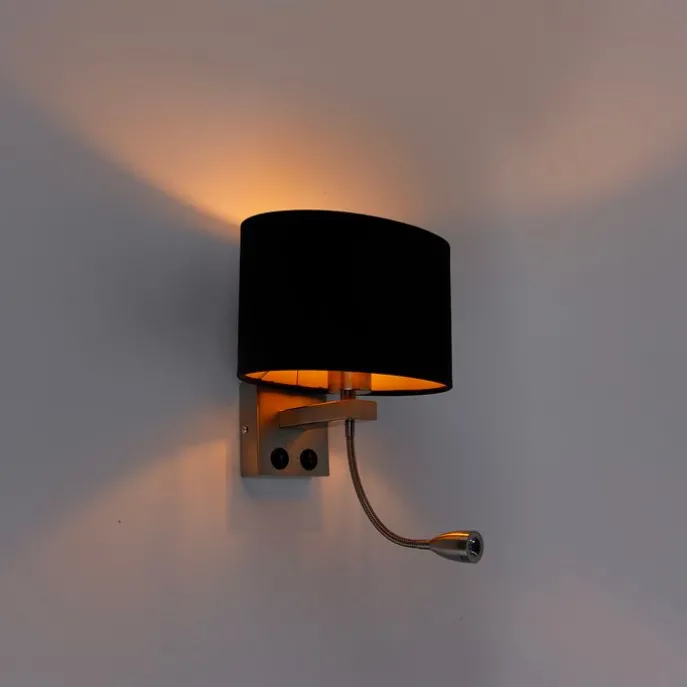 Wandleuchte Stahl mit ovalem Samtschirm schwarz 25cm - Brescia Combi